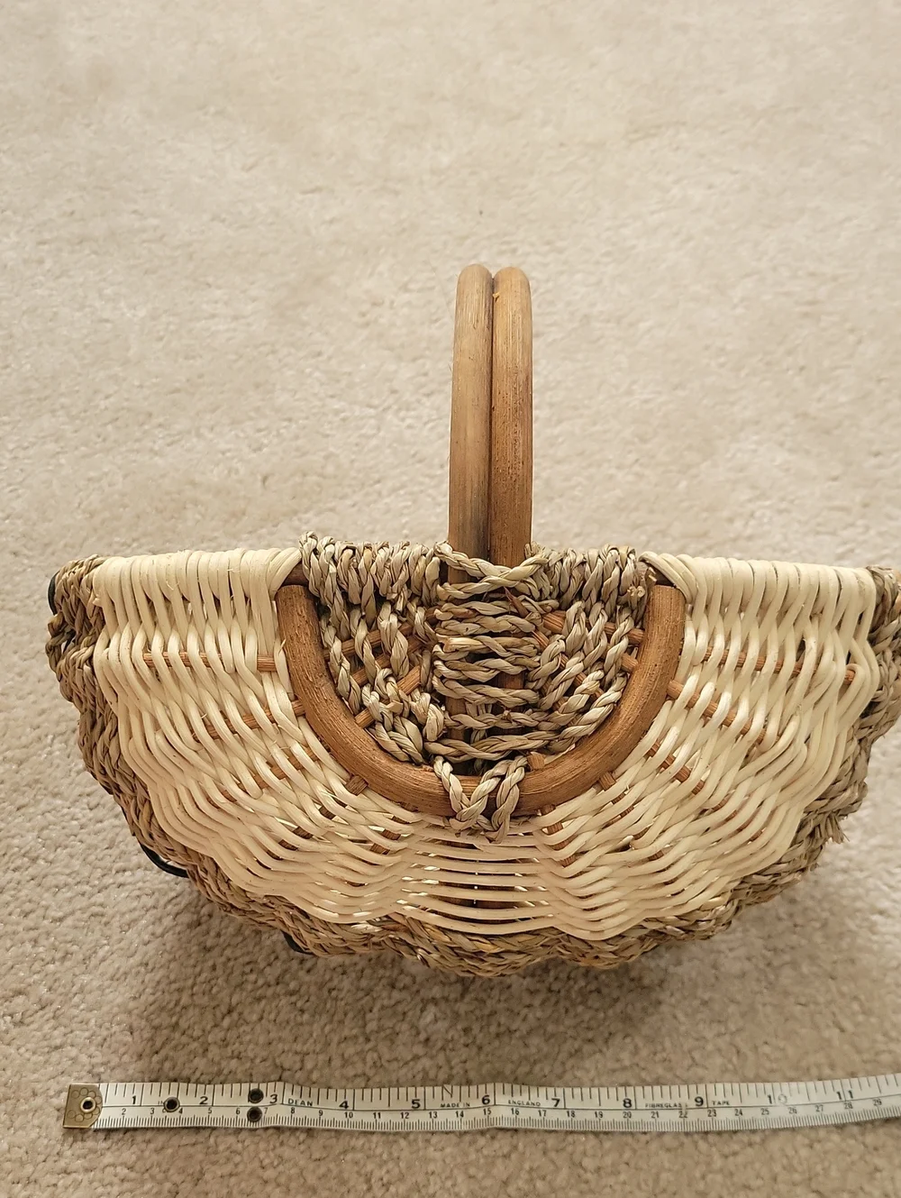 Handwoven Natural and Black Wicker Basket with Wooden Handles
